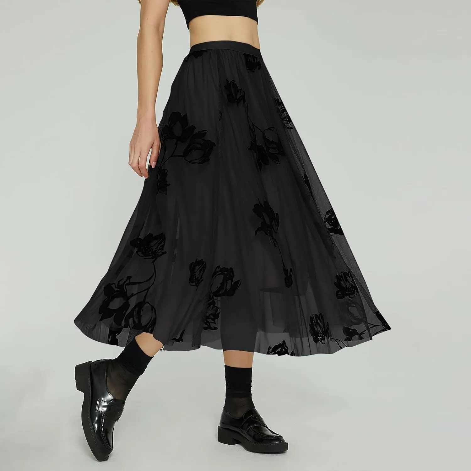 Womens Floral Embroidered Tulle Skirts Mesh Layered Tutu Skirt Midi Length Elastic High Waist Flowy A Line Skirt