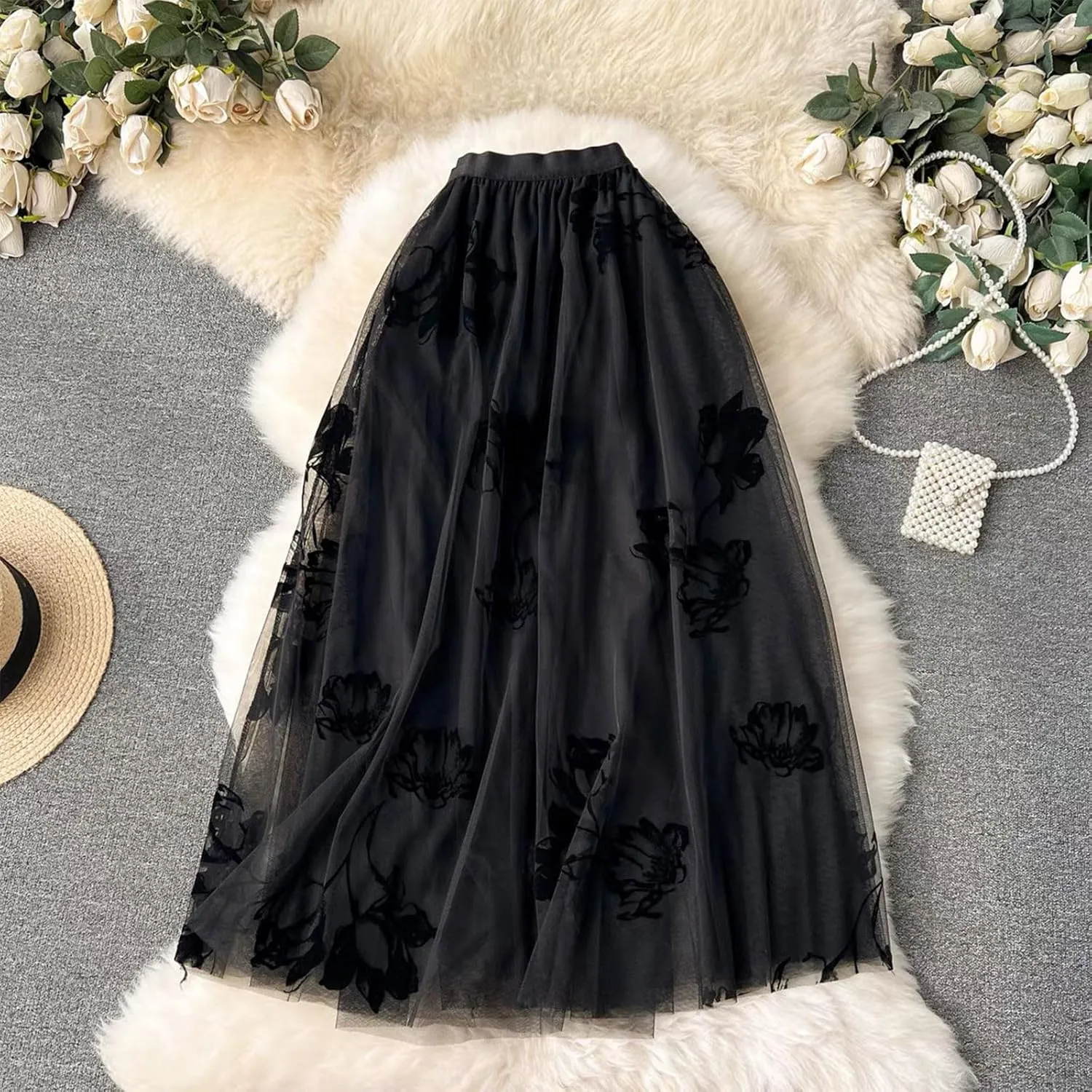 Womens Floral Embroidered Tulle Skirts Mesh Layered Tutu Skirt Midi Length Elastic High Waist Flowy A Line Skirt