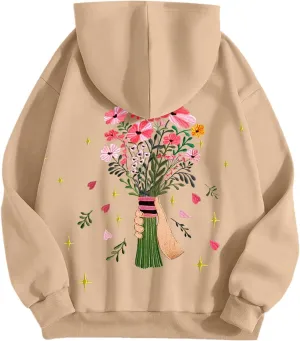 Womens Floral Graphic Hoodies Teen Girls Oversized Preppy Sweatshirts Y2k Cute Long Sleeve Casual Hooded Pullovers