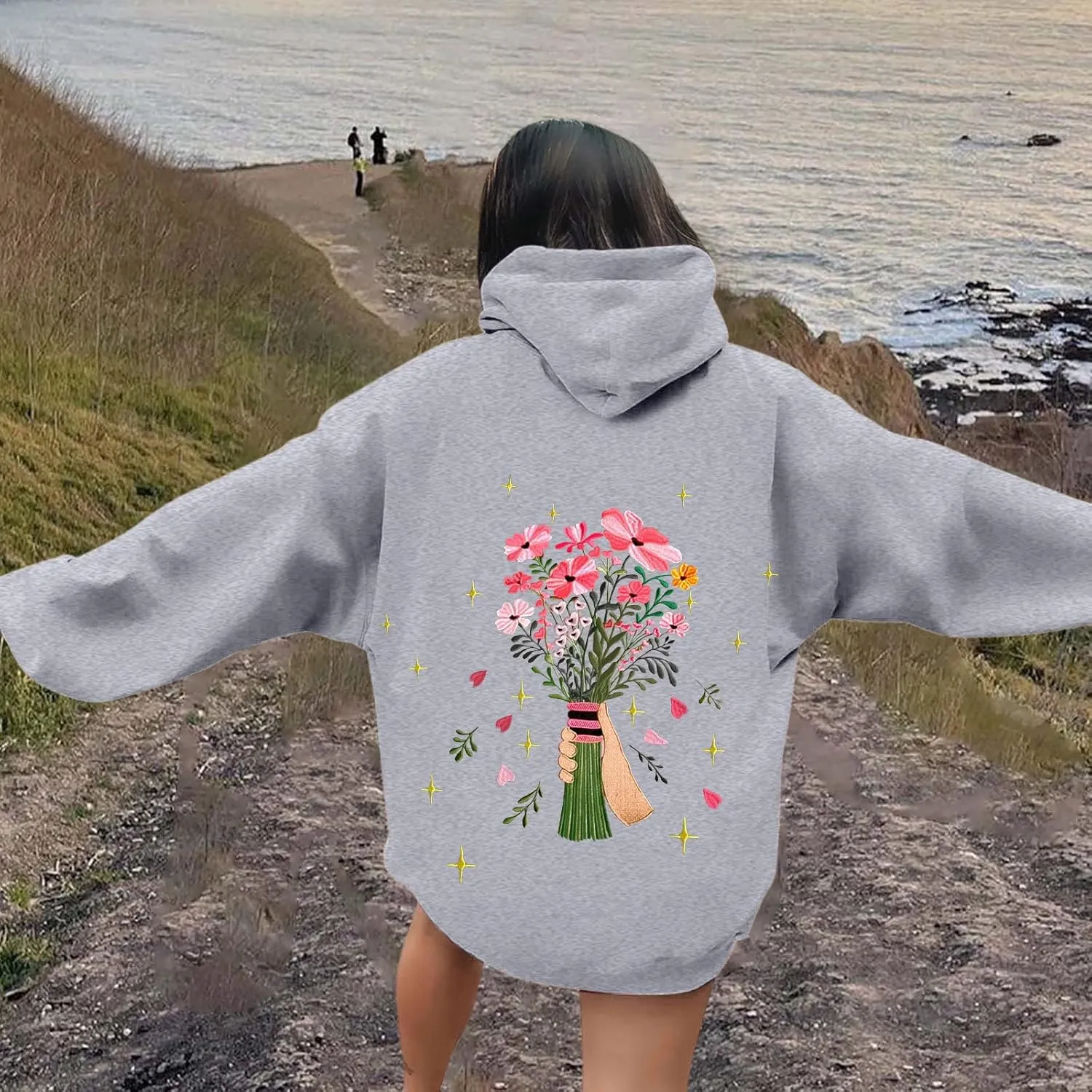 Womens Floral Graphic Hoodies Teen Girls Oversized Preppy Sweatshirts Y2k Cute Long Sleeve Casual Hooded Pullovers
