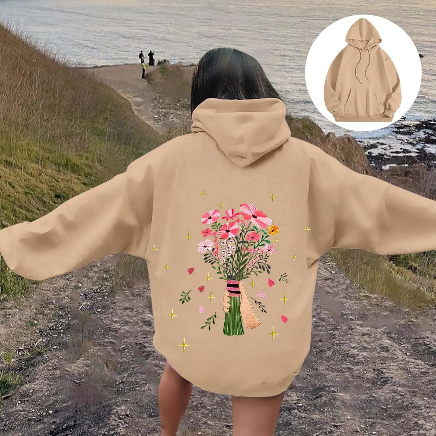 Womens Floral Graphic Hoodies Teen Girls Oversized Preppy Sweatshirts Y2k Cute Long Sleeve Casual Hooded Pullovers