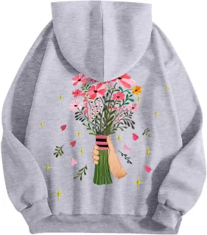 Womens Floral Graphic Hoodies Teen Girls Oversized Preppy Sweatshirts Y2k Cute Long Sleeve Casual Hooded Pullovers