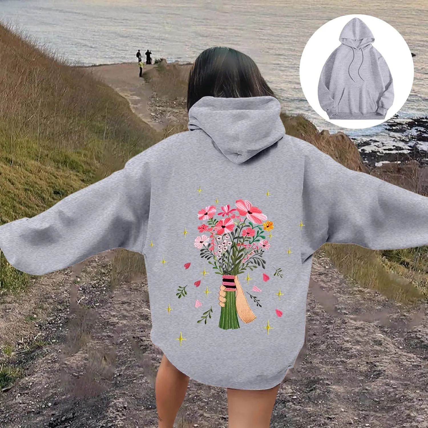 Womens Floral Graphic Hoodies Teen Girls Oversized Preppy Sweatshirts Y2k Cute Long Sleeve Casual Hooded Pullovers