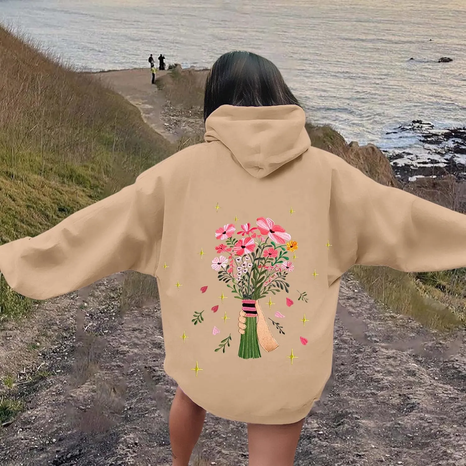 Womens Floral Graphic Hoodies Teen Girls Oversized Preppy Sweatshirts Y2k Cute Long Sleeve Casual Hooded Pullovers