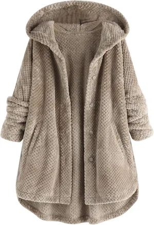 Womens Fuzzy Fleece Jacket Button Hem Plus Size Hoodie Top Sweater Blouse Outerwear with Pockets Snow Jackets for