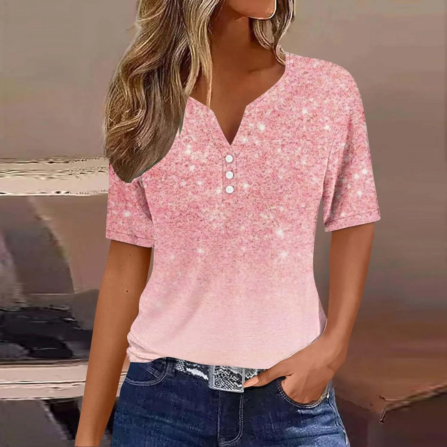 Women's Graphic t Shirts Short Sleeve Henley V Neck Boho Floral Tops Dressy Casual Blouses Trendy 2024 Summer