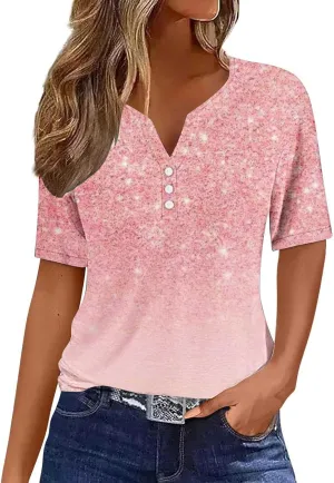 Women's Graphic t Shirts Short Sleeve Henley V Neck Boho Floral Tops Dressy Casual Blouses Trendy 2024 Summer