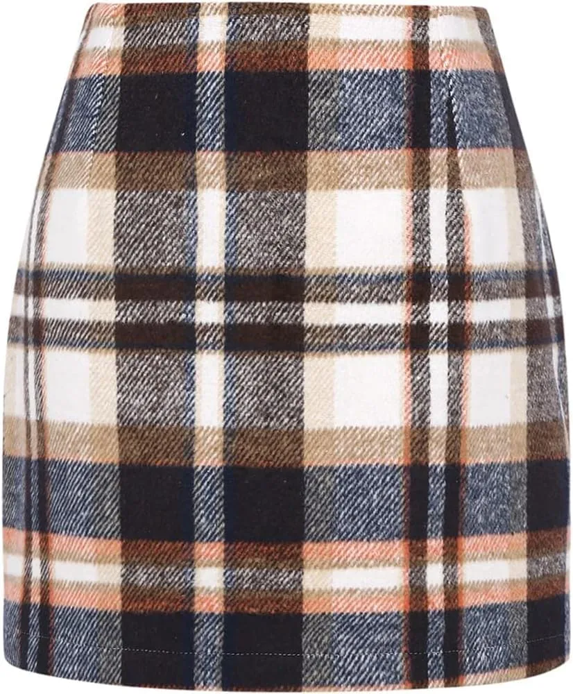 Womens High Waisted Plaid Skirt Fall Winter Mini Wool Bodycon Pencil A line Skirts