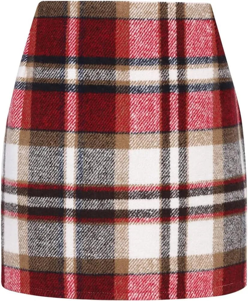 Womens High Waisted Plaid Skirt Fall Winter Mini Wool Bodycon Pencil A line Skirts