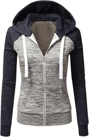 Womens Hooded Sweatshirts Color Block Full Zip Up Jackets Long Sleeve Striped Coats Drawstring Outwear with Pockets