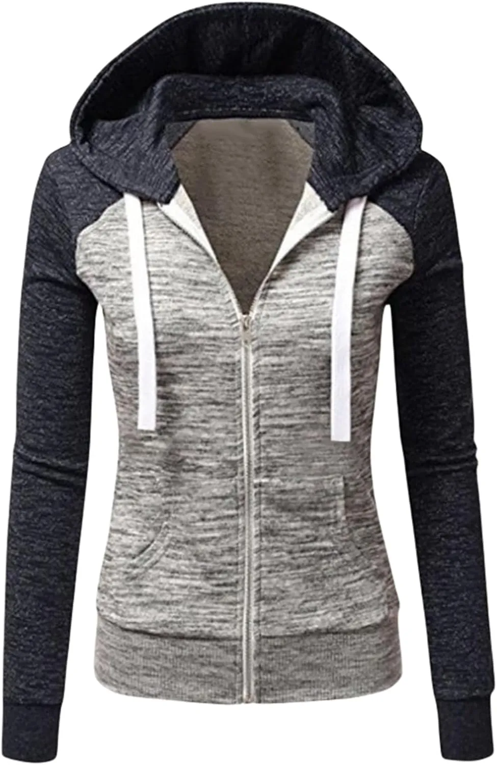 Womens Hooded Sweatshirts Color Block Full Zip Up Jackets Long Sleeve Striped Coats Drawstring Outwear with Pockets