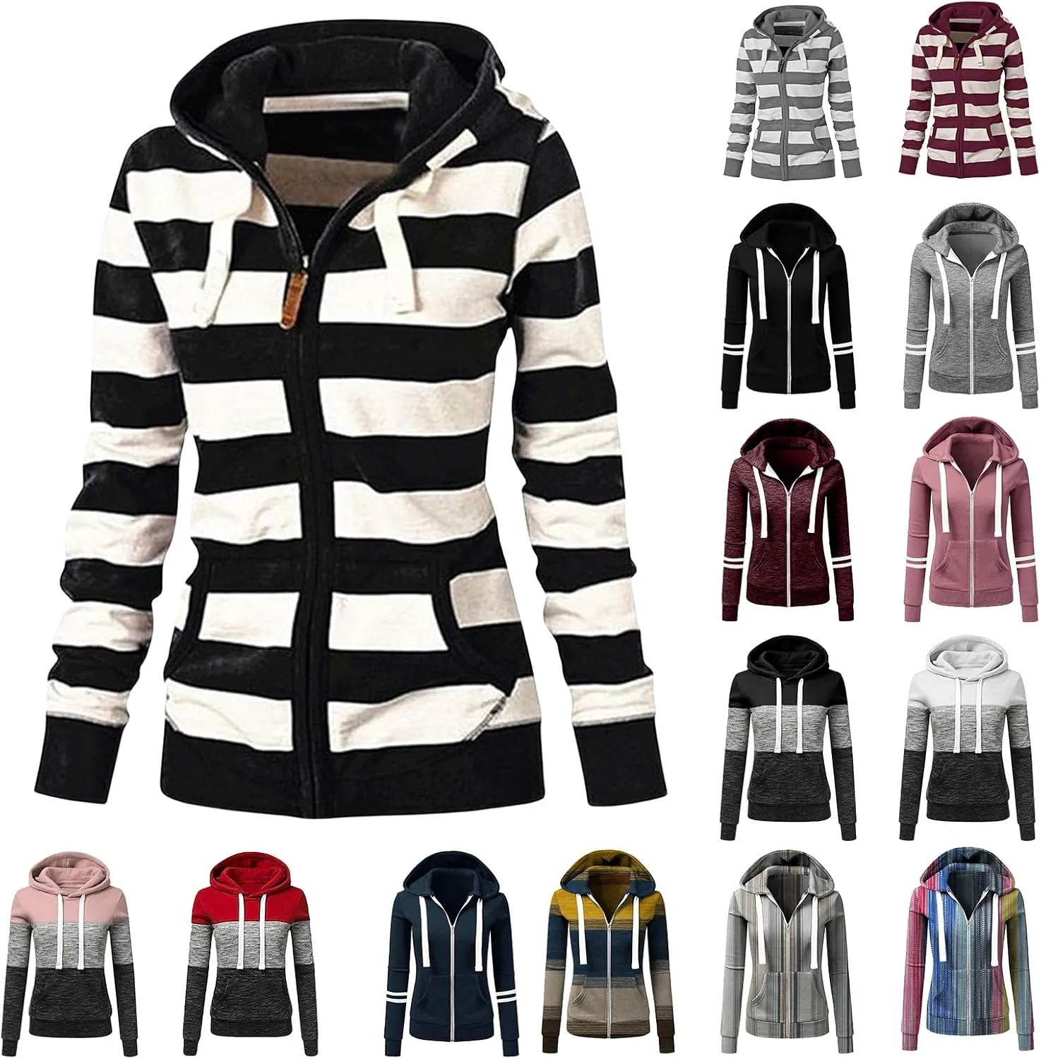 Womens Hooded Sweatshirts Color Block Full Zip Up Jackets Long Sleeve Striped Coats Drawstring Outwear with Pockets