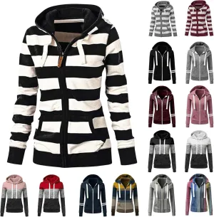 Womens Hooded Sweatshirts Color Block Full Zip Up Jackets Long Sleeve Striped Coats Drawstring Outwear with Pockets