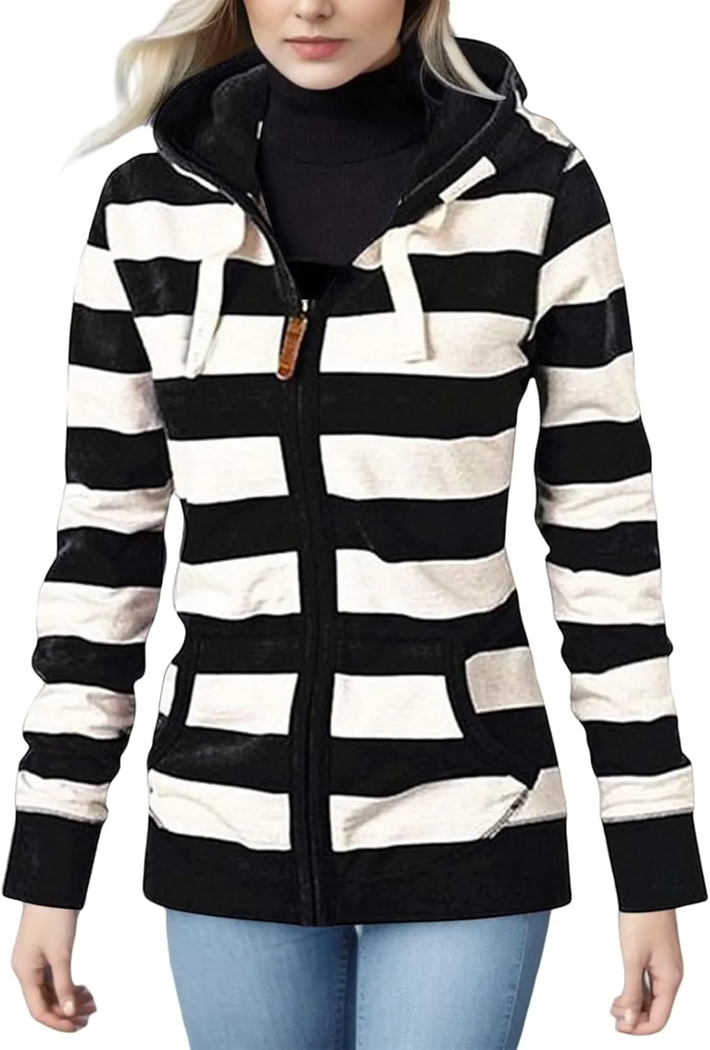 Womens Hooded Sweatshirts Color Block Full Zip Up Jackets Long Sleeve Striped Coats Drawstring Outwear with Pockets