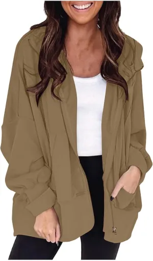 Womens Hoodies Oversized Sweatshirt Loose Casual Long Sleeve Zip Up Fall Outfits Fashion Jackets Outwear with Pockets