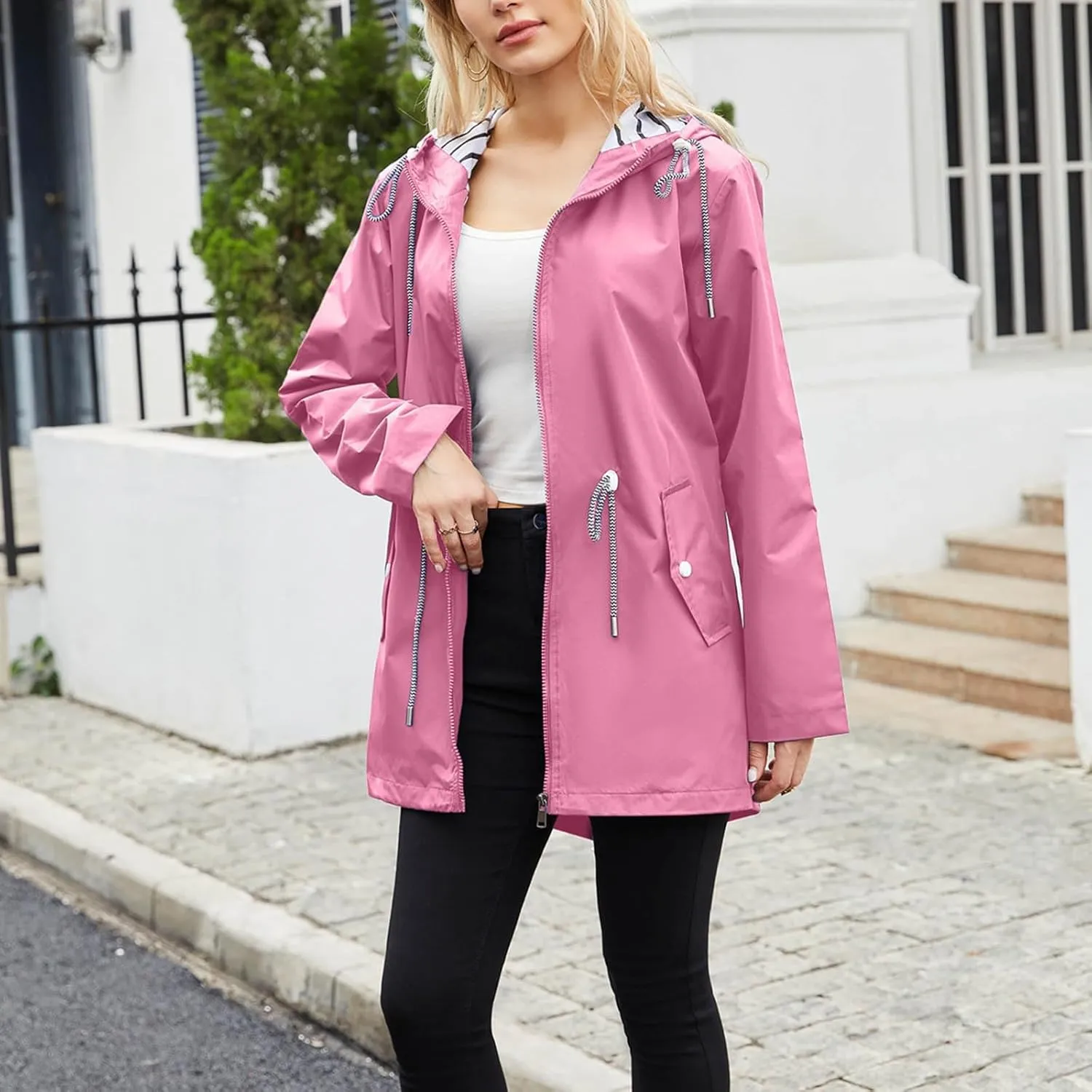 Women's Lightweight Hooded Waterproof Jacket Long Sleeve Oversized Outdoor Windbreaker Mid-Length Hooded Rain Coat