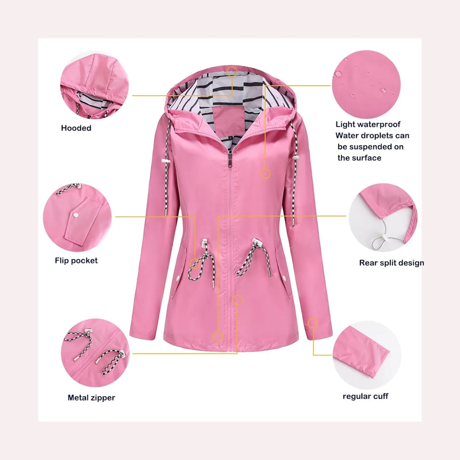 Women's Lightweight Hooded Waterproof Jacket Long Sleeve Oversized Outdoor Windbreaker Mid-Length Hooded Rain Coat