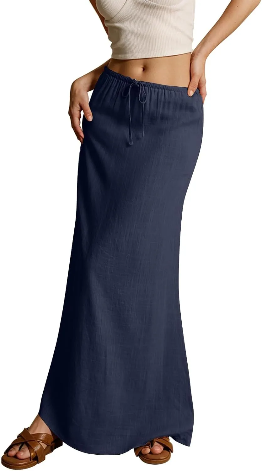 Womens Linen Maxi Skirts Summer Elastic Waist Drawstring A Line Long Flared Skirts Vacation Boho Flowy Skirt