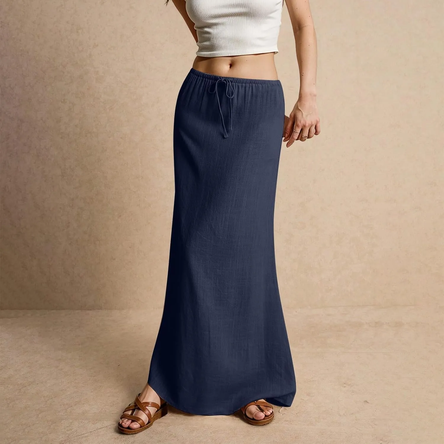 Womens Linen Maxi Skirts Summer Elastic Waist Drawstring A Line Long Flared Skirts Vacation Boho Flowy Skirt