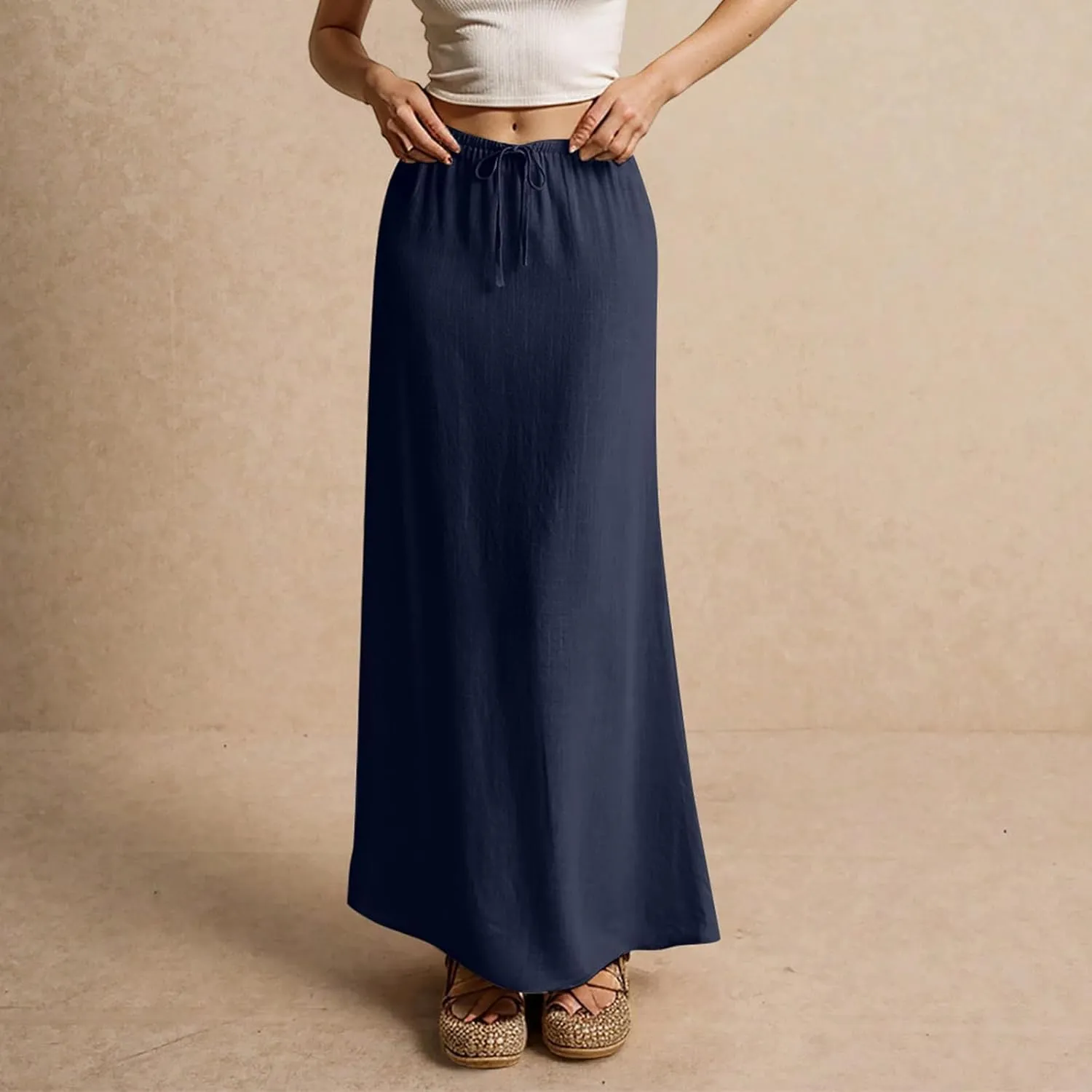 Womens Linen Maxi Skirts Summer Elastic Waist Drawstring A Line Long Flared Skirts Vacation Boho Flowy Skirt