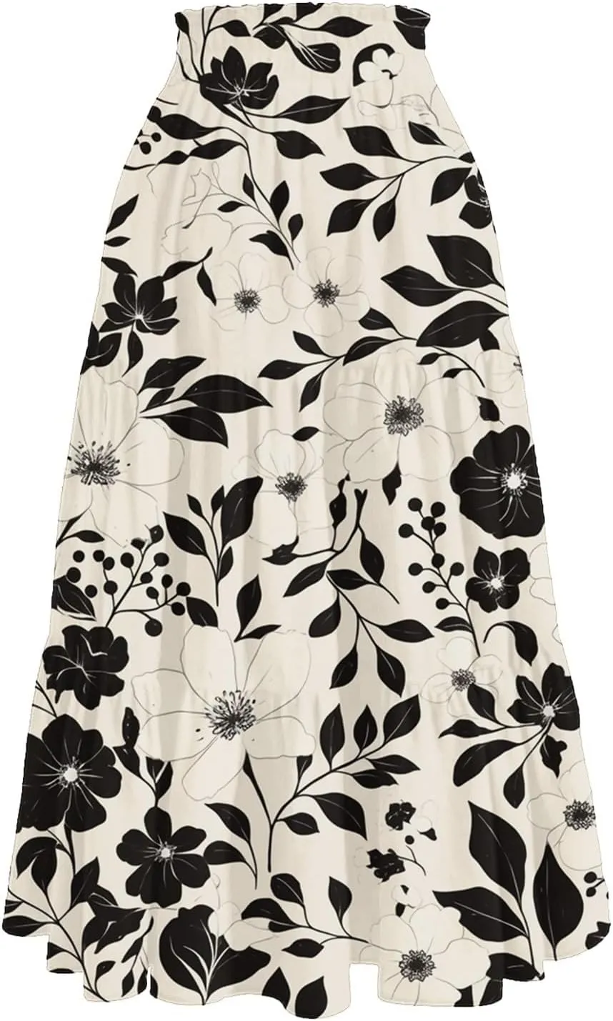 Women's Maxi Dresses 2025 Floral Maxi Skirt Summer Comfy Tiered Elastic High Waisted Skirts Vacation, S-XL