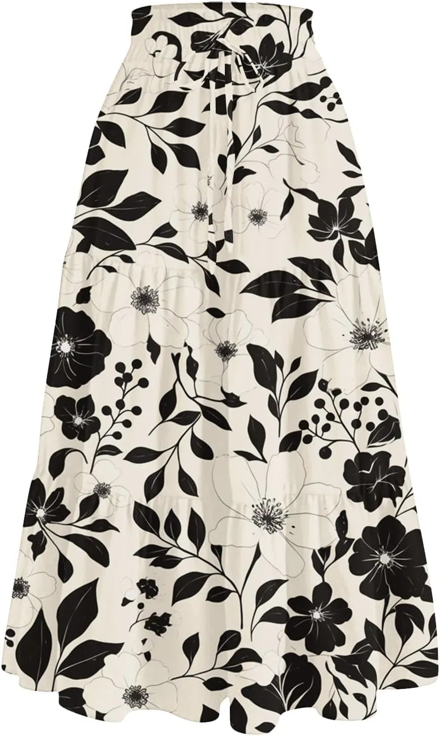 Women's Maxi Dresses 2025 Floral Maxi Skirt Summer Comfy Tiered Elastic High Waisted Skirts Vacation, S-XL