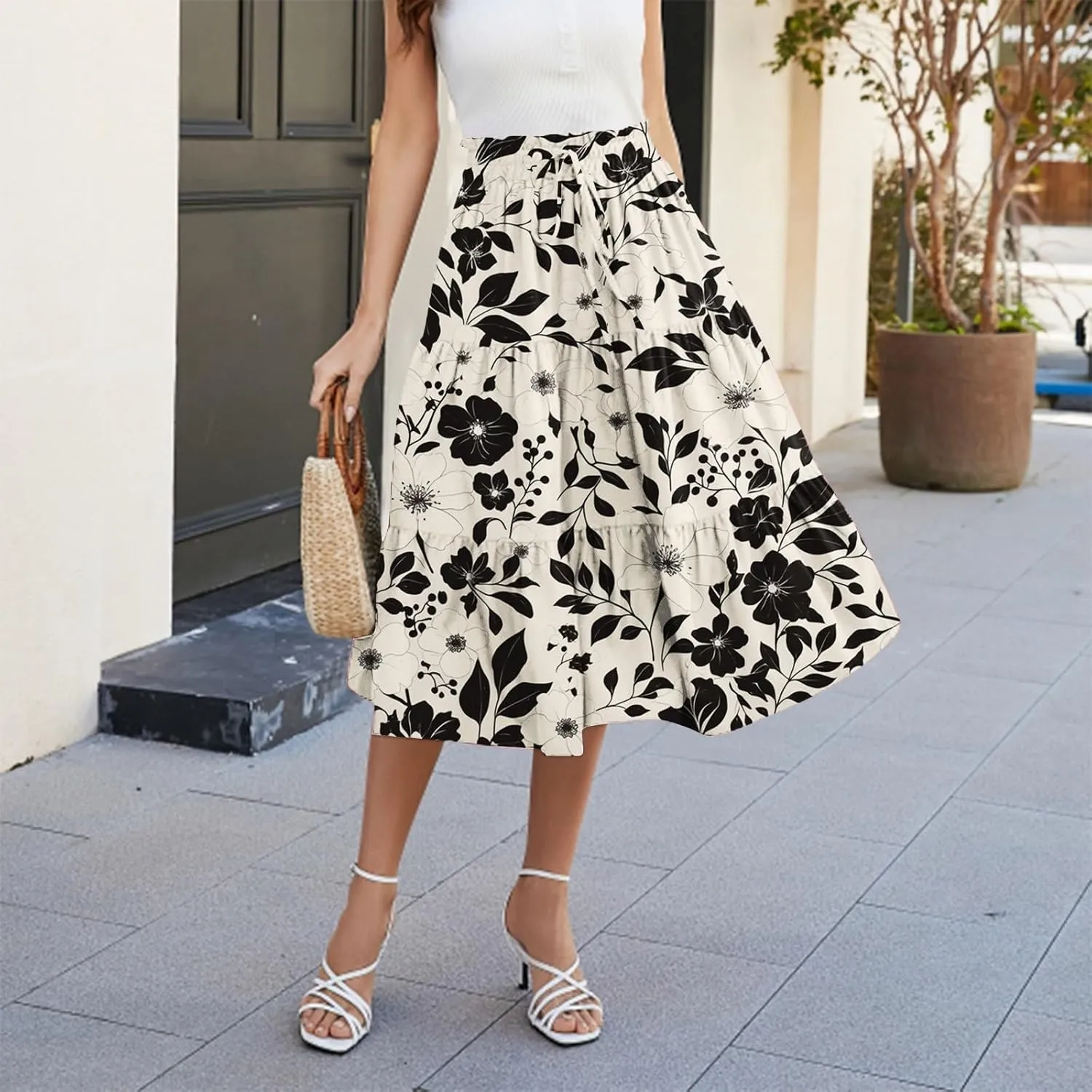 Women's Maxi Dresses 2025 Floral Maxi Skirt Summer Comfy Tiered Elastic High Waisted Skirts Vacation, S-XL