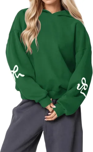 Women's Oversized Hoodies Bow Trim Print Fleeced Hooded Sweatshirts Oversized Long Sleeve Drop Shoulder Pullover Top
