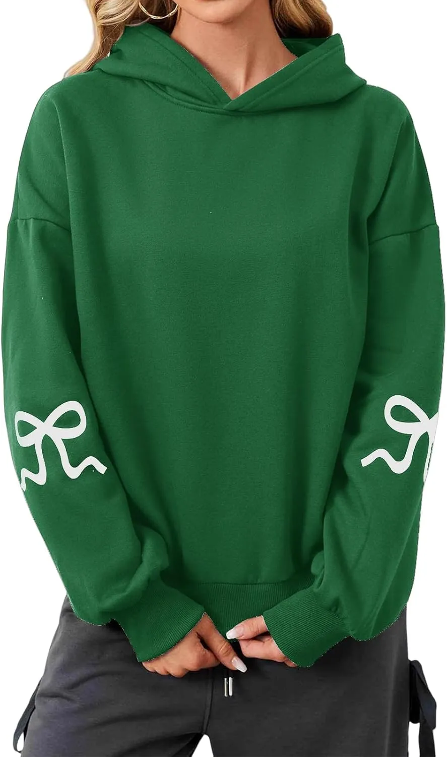 Women's Oversized Hoodies Bow Trim Print Fleeced Hooded Sweatshirts Oversized Long Sleeve Drop Shoulder Pullover Top