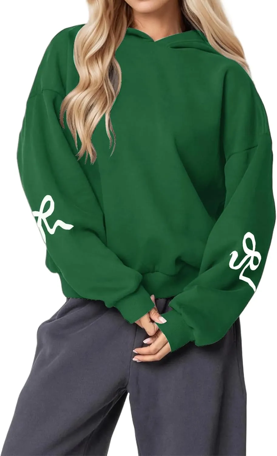 Women's Oversized Hoodies Bow Trim Print Fleeced Hooded Sweatshirts Oversized Long Sleeve Drop Shoulder Pullover Top