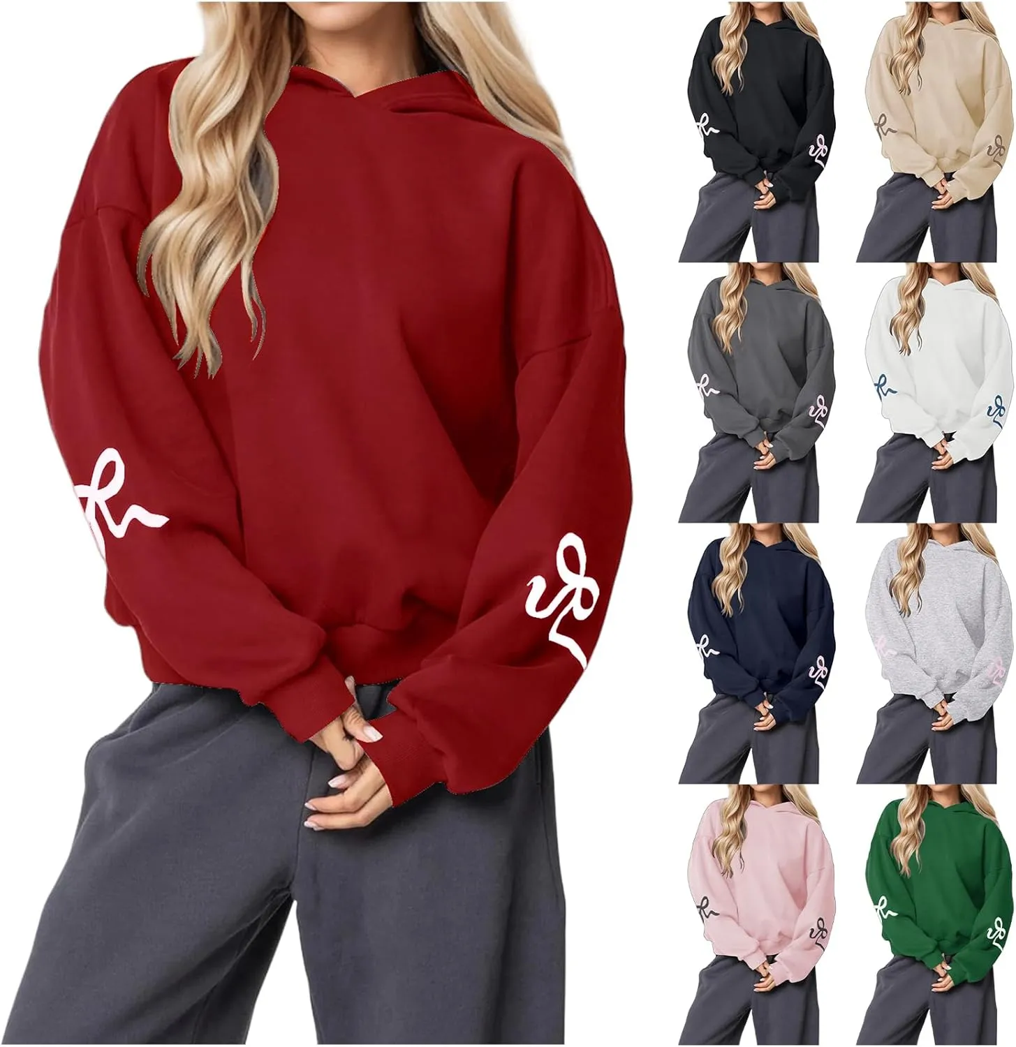 Women's Oversized Hoodies Bow Trim Print Fleeced Hooded Sweatshirts Oversized Long Sleeve Drop Shoulder Pullover Top