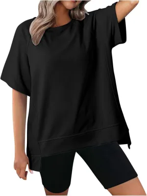 Women's Oversized Shirts Short Sleeves Crewneck Plus Size Loose Casual T-Shirt Pullover Sweatshirt Blouses Tops