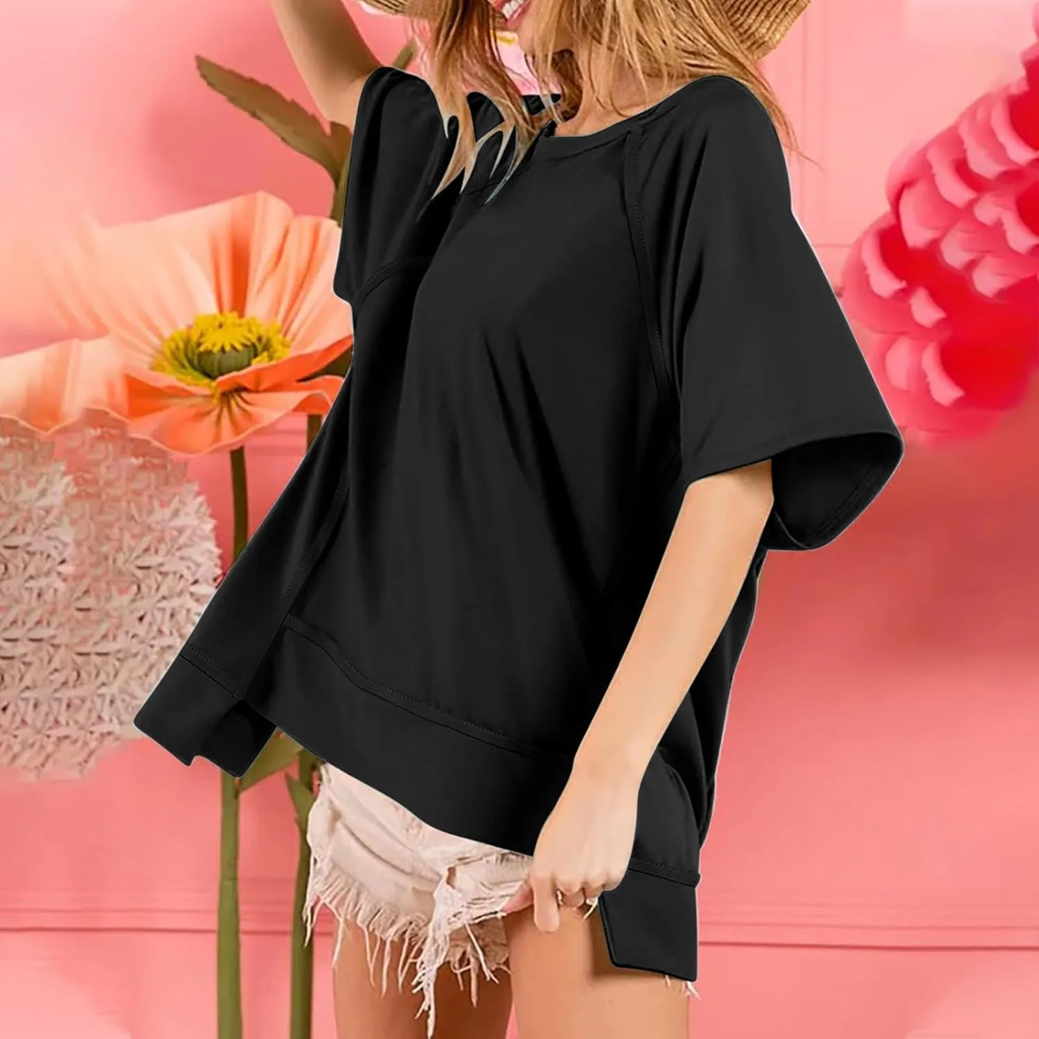 Women's Oversized Shirts Short Sleeves Crewneck Plus Size Loose Casual T-Shirt Pullover Sweatshirt Blouses Tops
