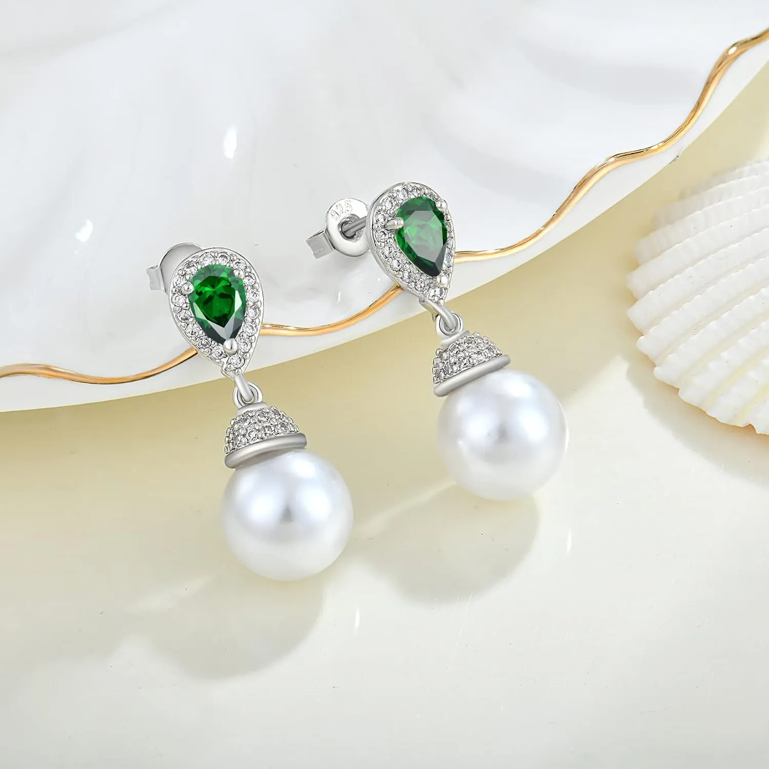 Women's Pearl Wedding Earrings 925 Sterling Silver Mother of Pearl Dangle Earrings with Cubic Zirconia Teardrop Bridal Earrings Jewelry for Women