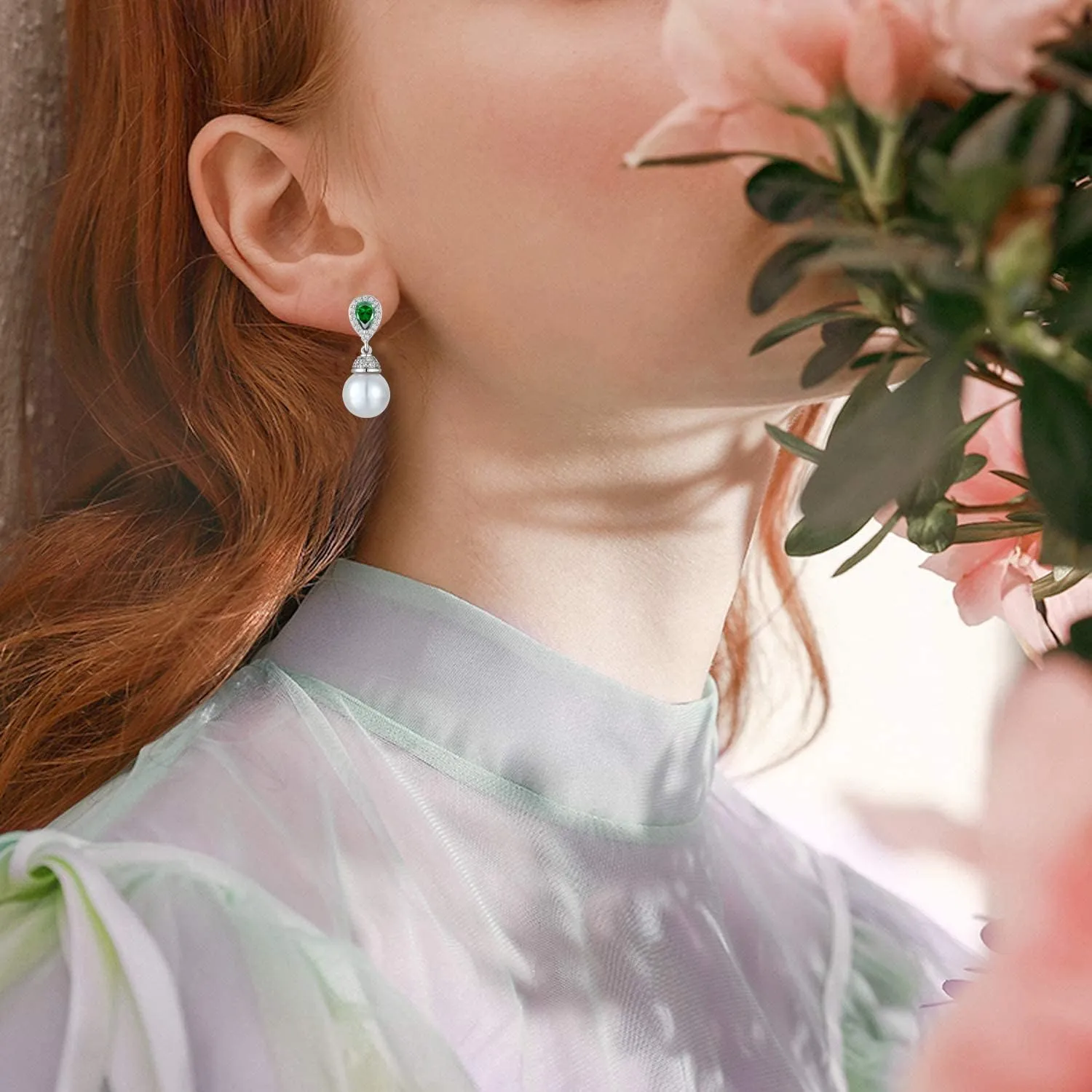 Women's Pearl Wedding Earrings 925 Sterling Silver Mother of Pearl Dangle Earrings with Cubic Zirconia Teardrop Bridal Earrings Jewelry for Women