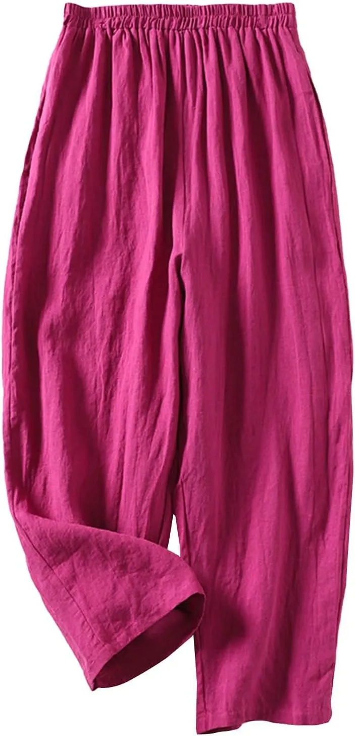 Women's Plus Size Lightweight Linen Pants Loose-Fit Home Beach Travel Trouser Oversized Beach Boho Flowy Pleated Pant