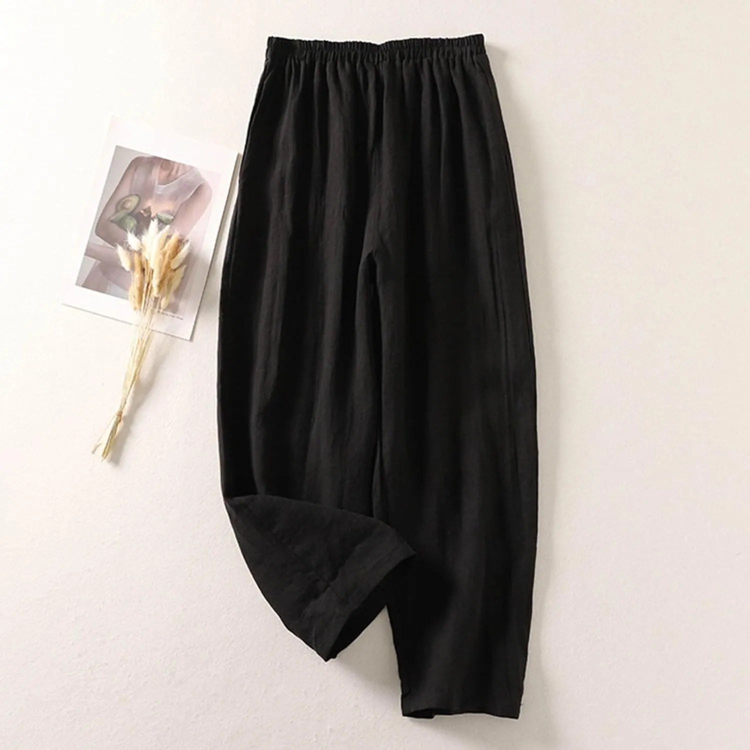 Women's Plus Size Lightweight Linen Pants Loose-Fit Home Beach Travel Trouser Oversized Beach Boho Flowy Pleated Pant