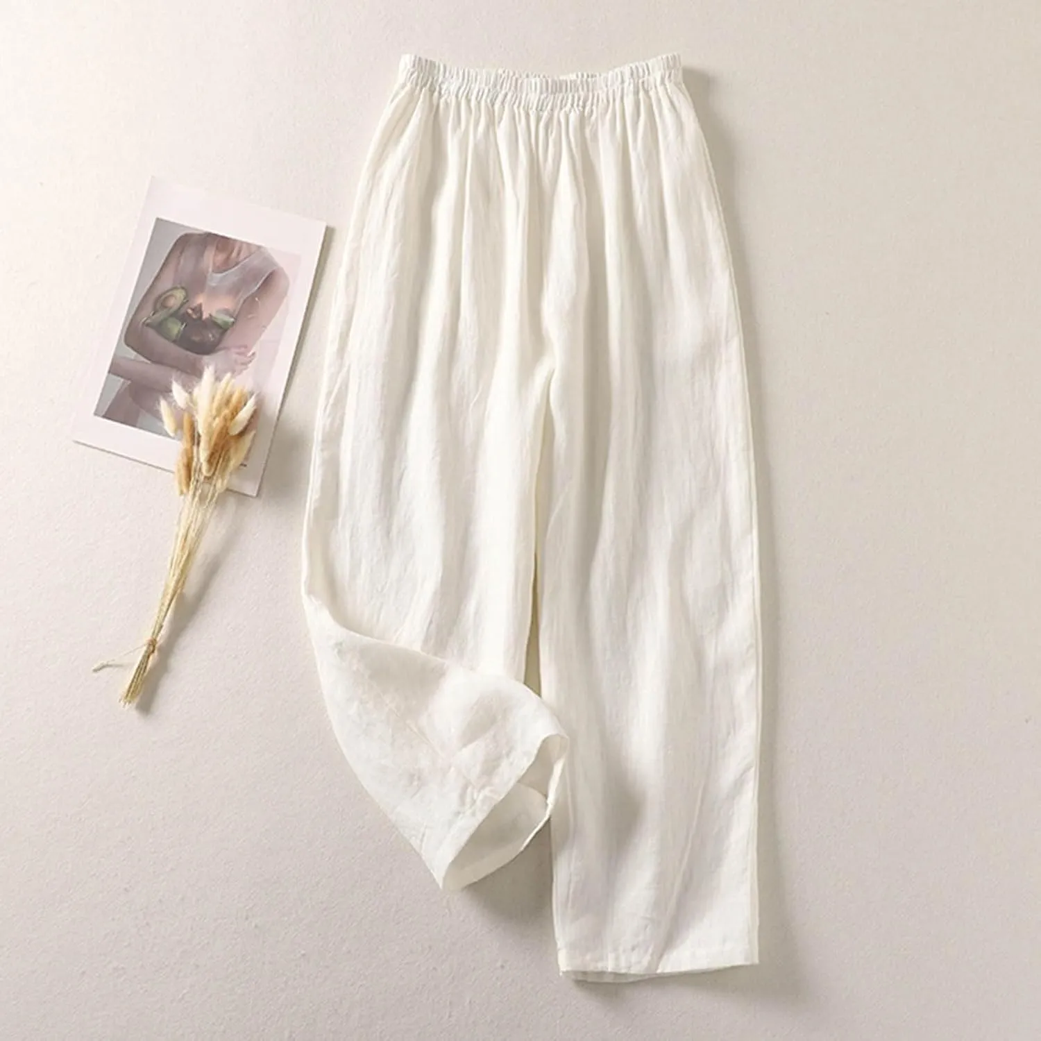 Women's Plus Size Lightweight Linen Pants Loose-Fit Home Beach Travel Trouser Oversized Beach Boho Flowy Pleated Pant
