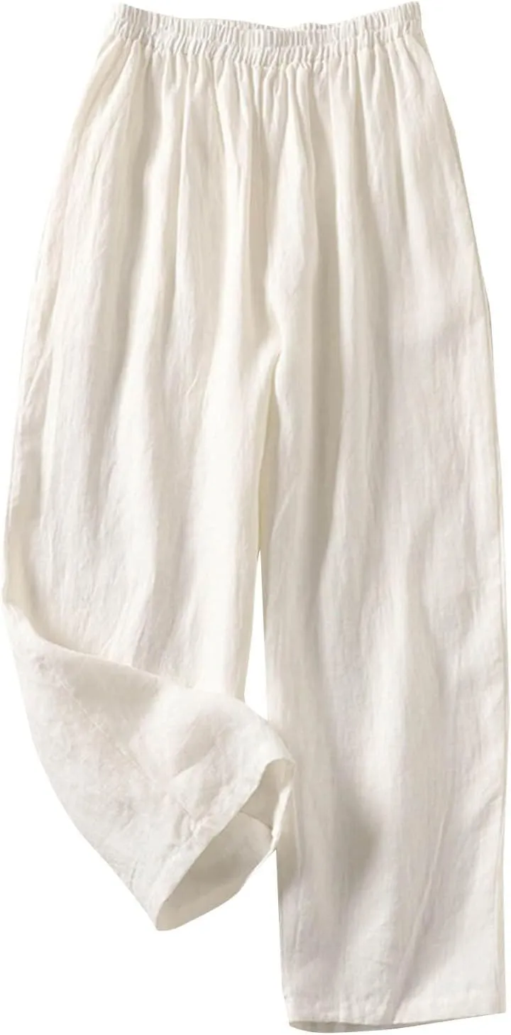 Women's Plus Size Lightweight Linen Pants Loose-Fit Home Beach Travel Trouser Oversized Beach Boho Flowy Pleated Pant