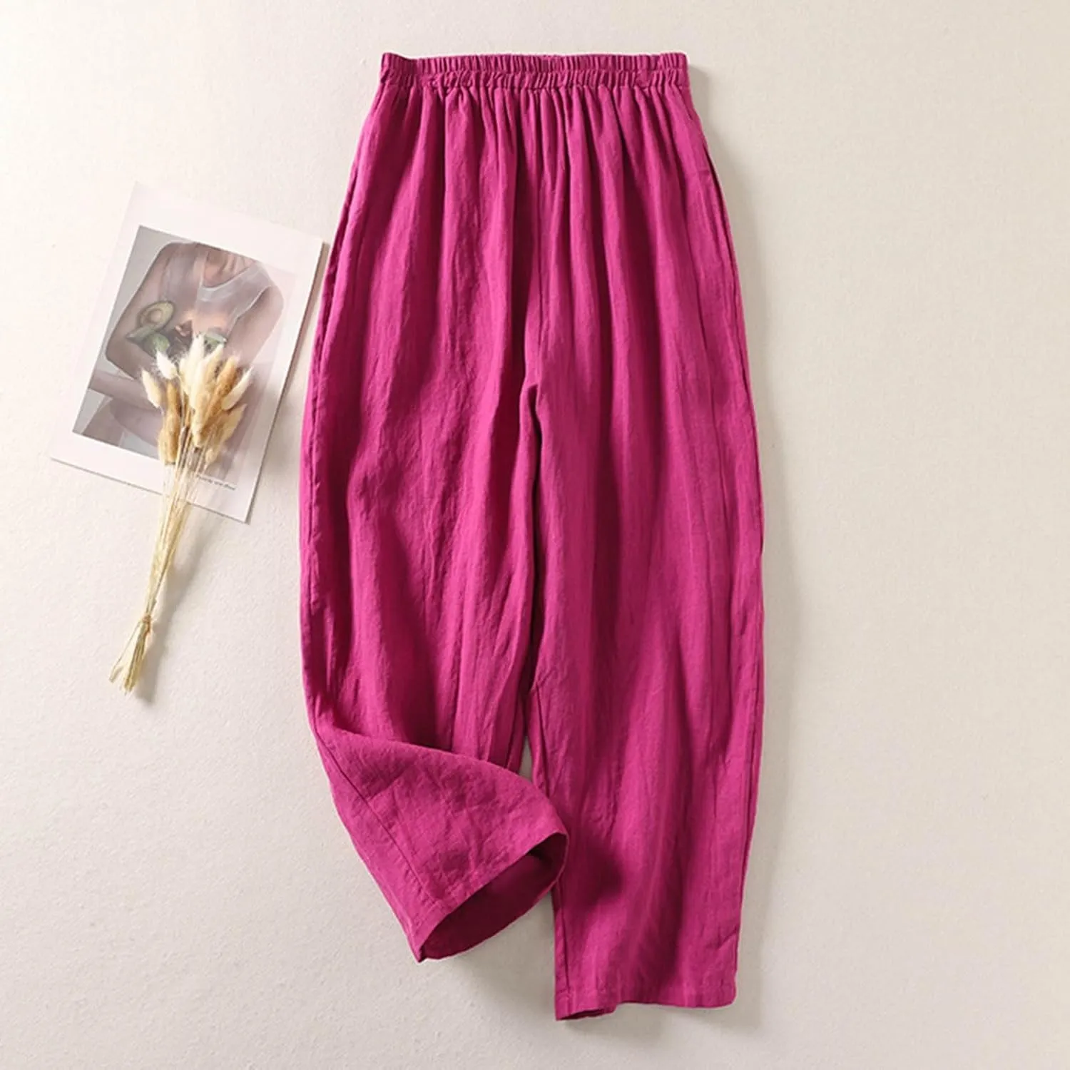 Women's Plus Size Lightweight Linen Pants Loose-Fit Home Beach Travel Trouser Oversized Beach Boho Flowy Pleated Pant