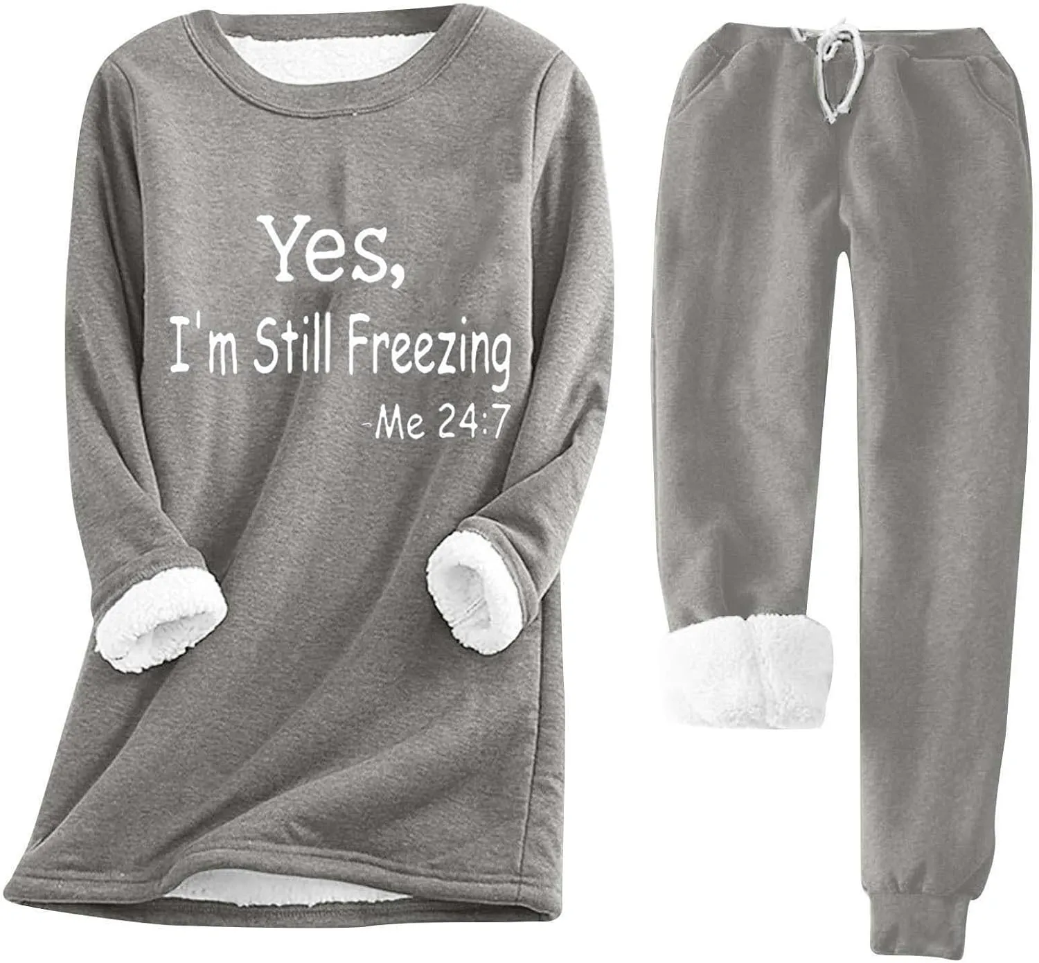 Womens Sherpa Fleece Sweatsuit Yes I'm Still Freezing Me Pajamas Loungewear Set Two Piece Sweatshirt Sweatpant