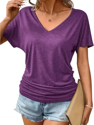 Womens Short Sleeve V Neck Dolman Tops Loose Fit Blouse Shirts Summer Business Tunic T Shirts with Side Shirring
