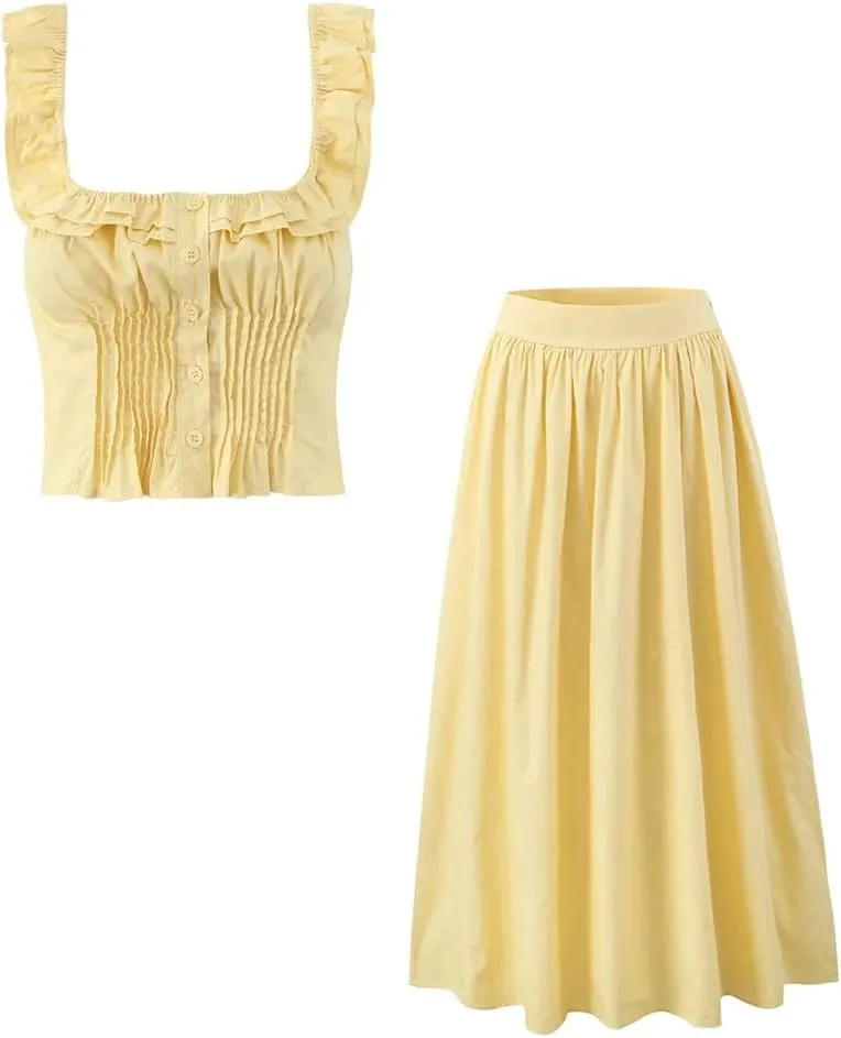 Women's Square Neck Ruffled Sleeveless Top Solid Color Long Skirt Two-Piece Set