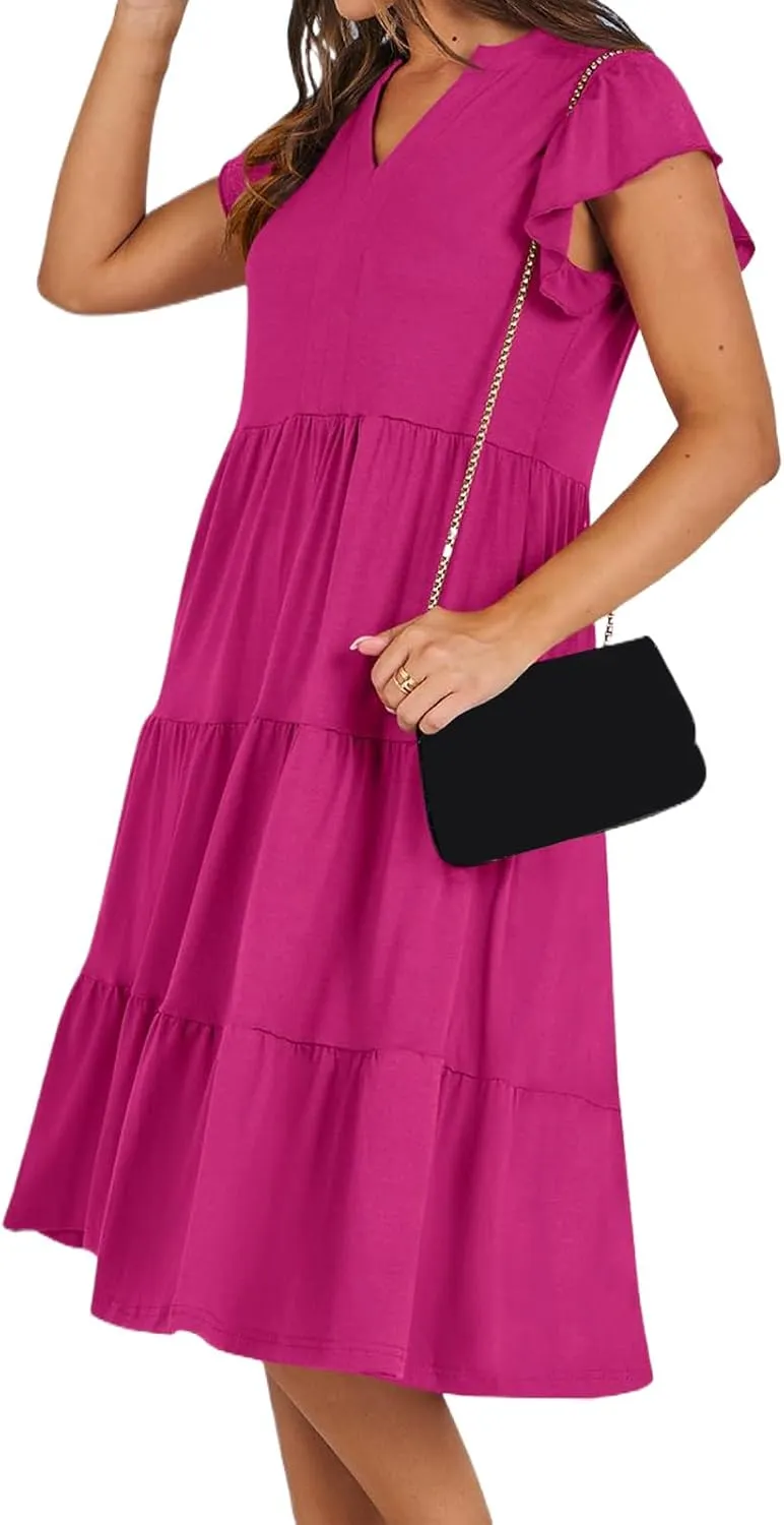 Womens Summer Casual Maxi Dress Ruffle Sleeve V Neck Midi Dresses Flowy Tiered A-Line Boho Beach Vacation Sundress