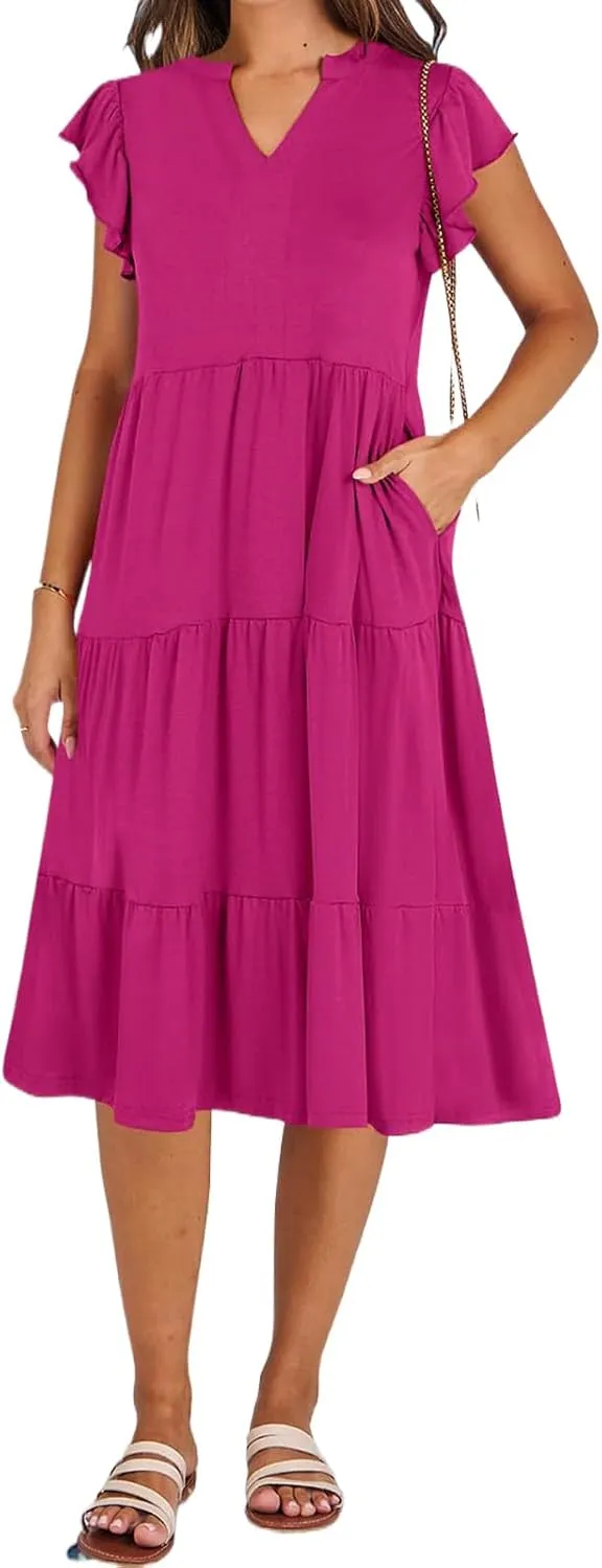 Womens Summer Casual Maxi Dress Ruffle Sleeve V Neck Midi Dresses Flowy Tiered A-Line Boho Beach Vacation Sundress