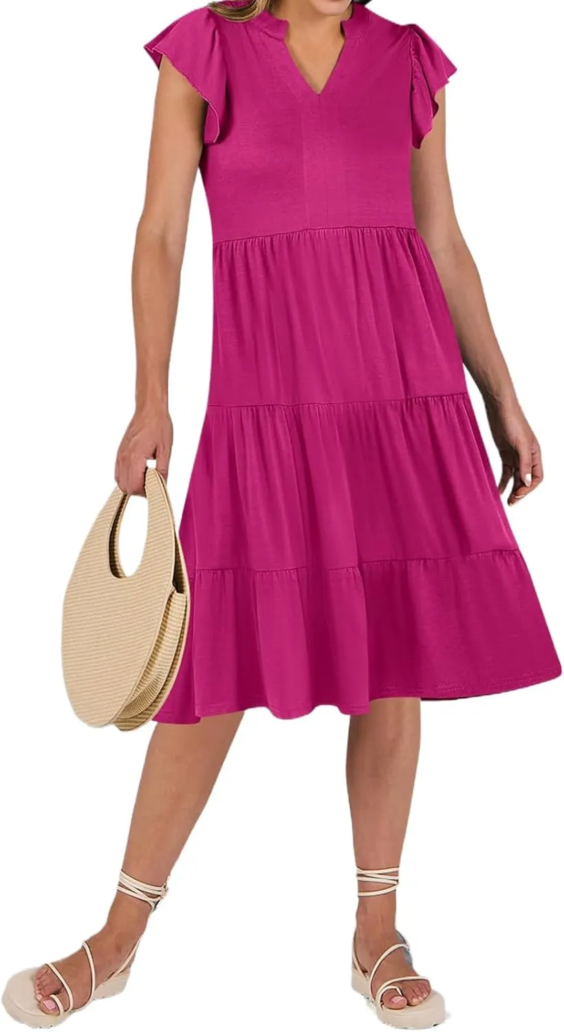 Womens Summer Casual Maxi Dress Ruffle Sleeve V Neck Midi Dresses Flowy Tiered A-Line Boho Beach Vacation Sundress