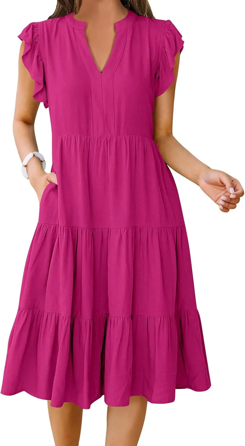 Womens Summer Casual Maxi Dress Ruffle Sleeve V Neck Midi Dresses Flowy Tiered A-Line Boho Beach Vacation Sundress