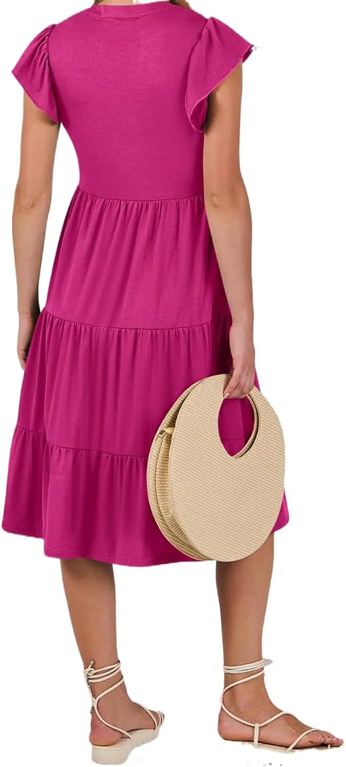 Womens Summer Casual Maxi Dress Ruffle Sleeve V Neck Midi Dresses Flowy Tiered A-Line Boho Beach Vacation Sundress