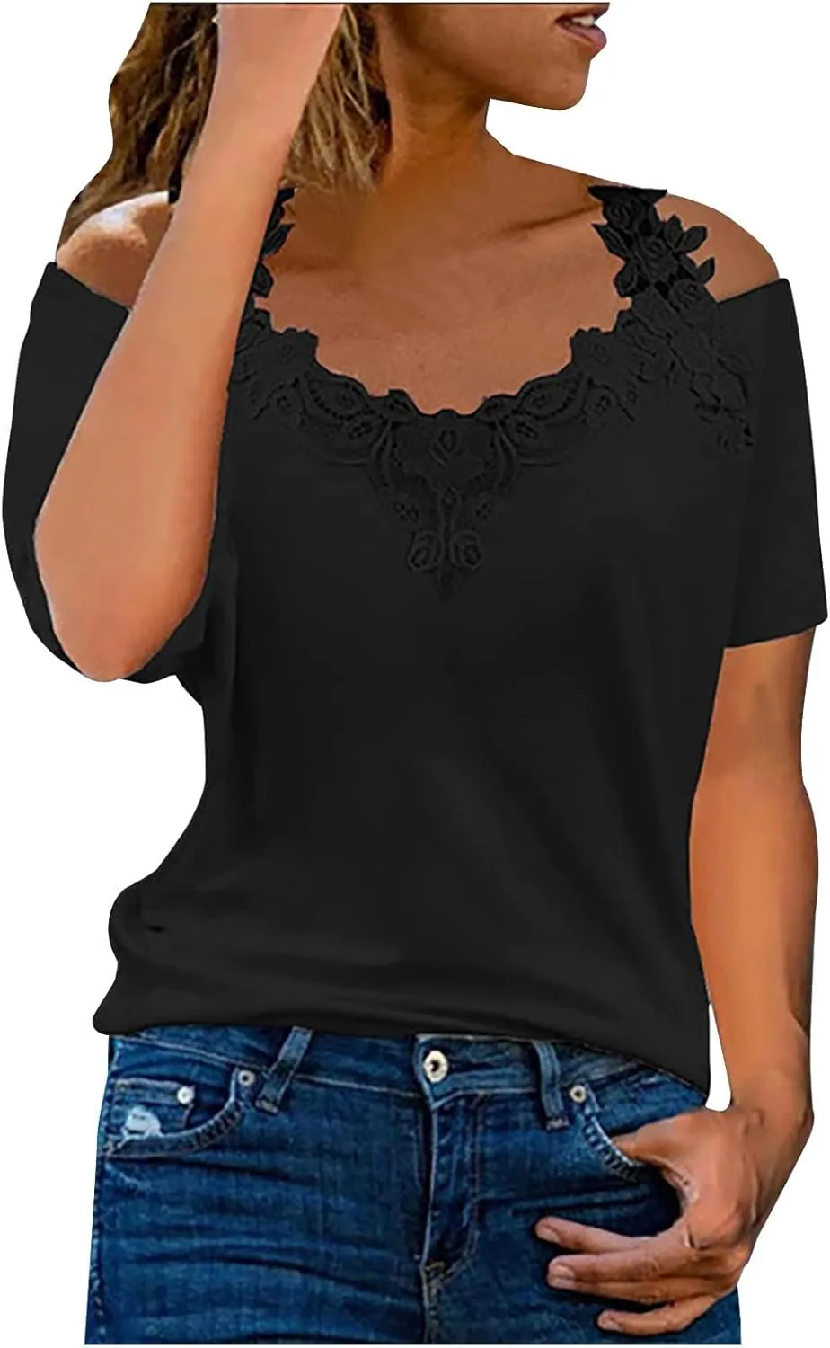 Womens Summer Cold Shoulder Tops Sexy Lace Crochet Strappy T Shirts V Neck Plus Size Tunic Casual Off Shoulder Blouse