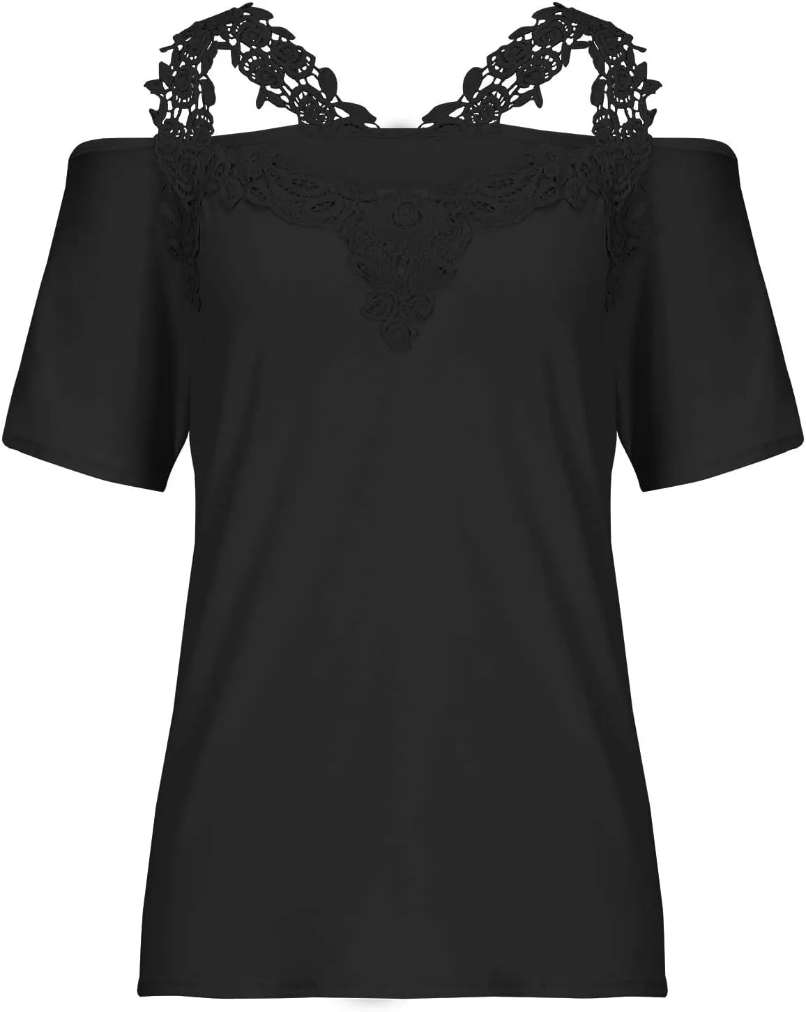 Womens Summer Cold Shoulder Tops Sexy Lace Crochet Strappy T Shirts V Neck Plus Size Tunic Casual Off Shoulder Blouse